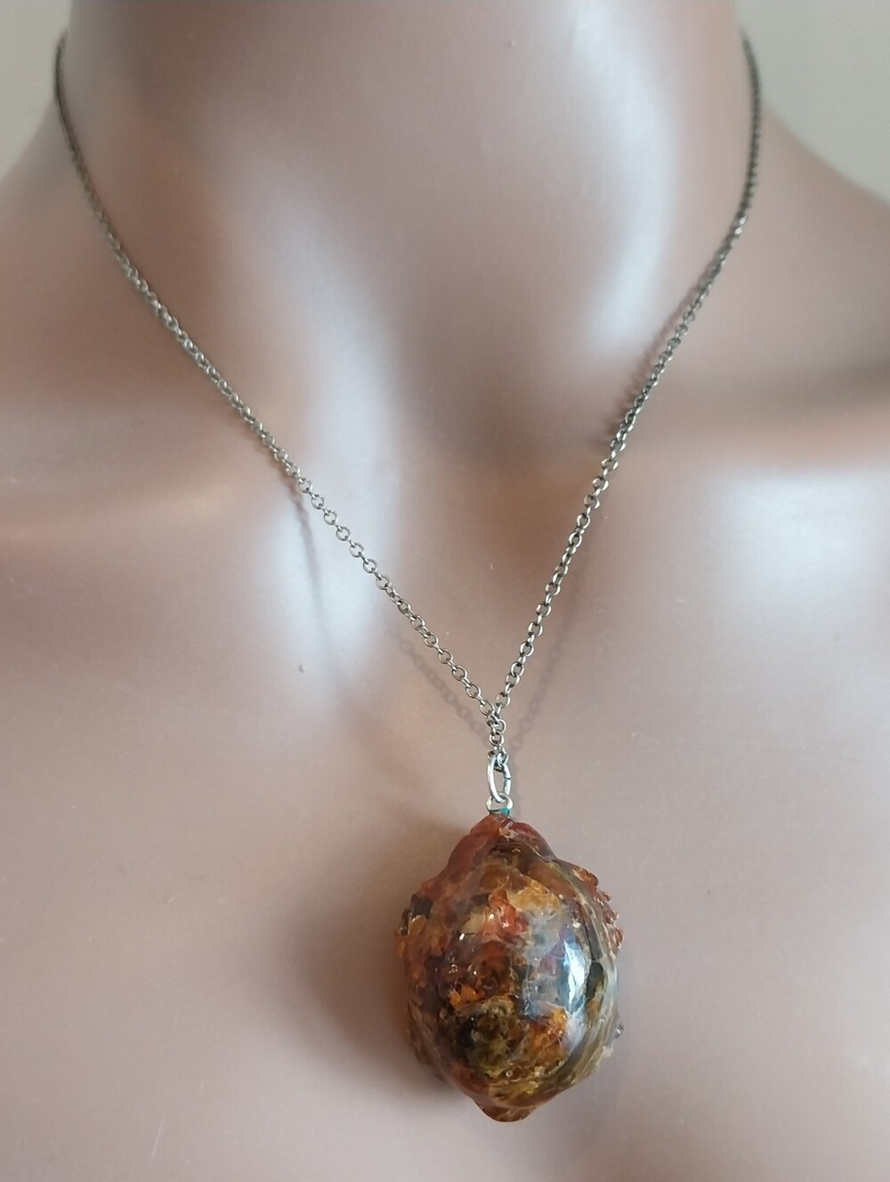 Vintage Amber-Tone Resin Pendant Sterling Silver Necklace - Brown & Gold Hues